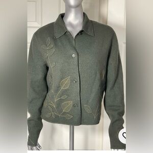 Vintage JONES NEW YORK Merino Wool Cardigan Sweater Size P/L Green Applique